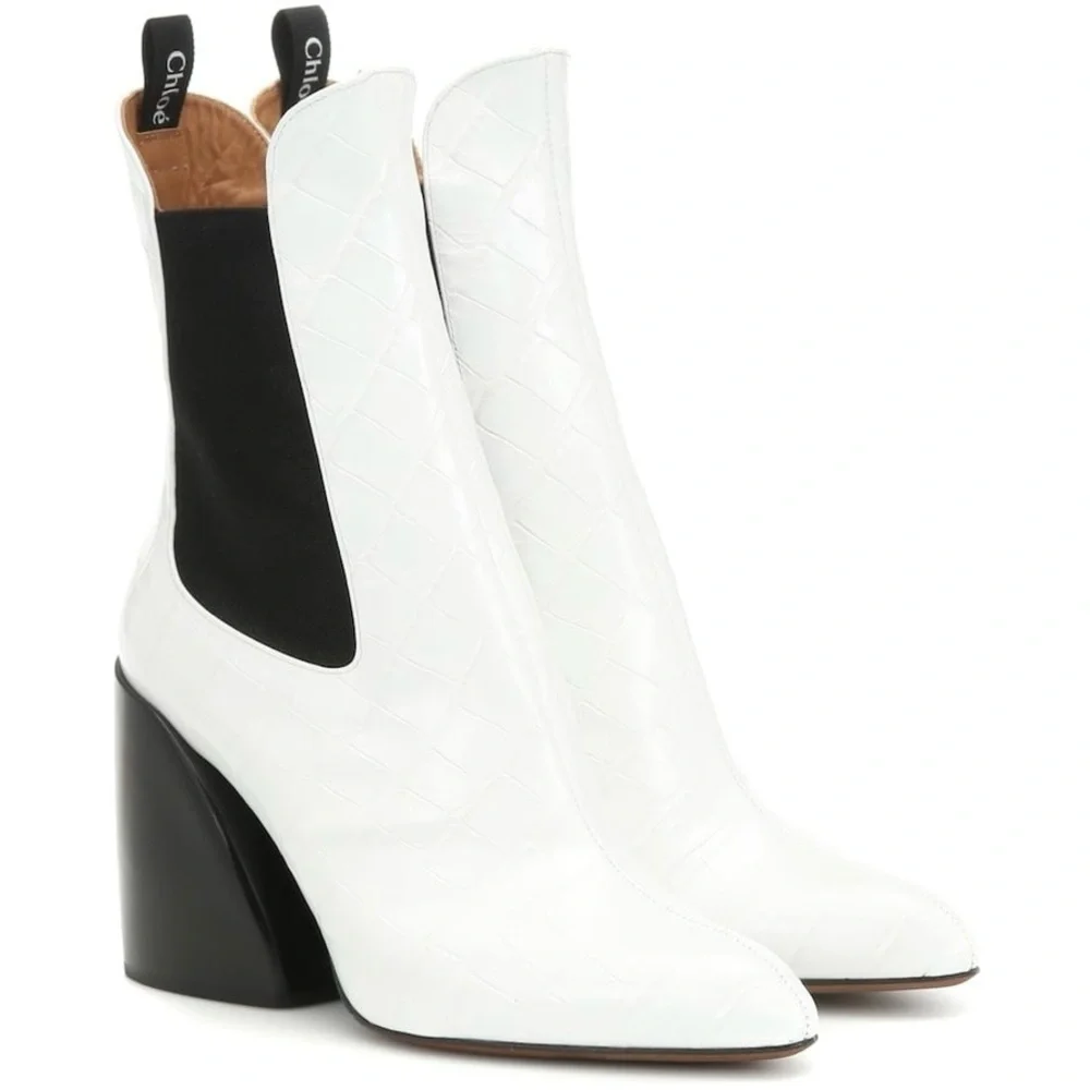 Chloé White Wave Leather Chunky Heeled Booties Size 39